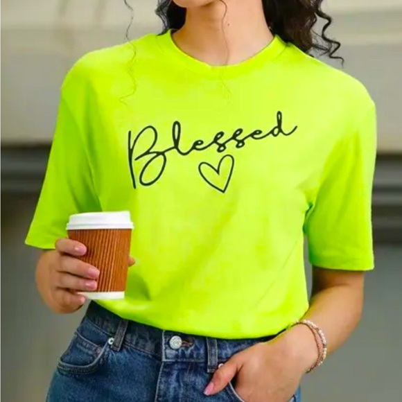 NEW! Girly Neon Green Graphic Heart & Blessed Baggy Short Sleeve T-Shirt - Picture 8 of 10